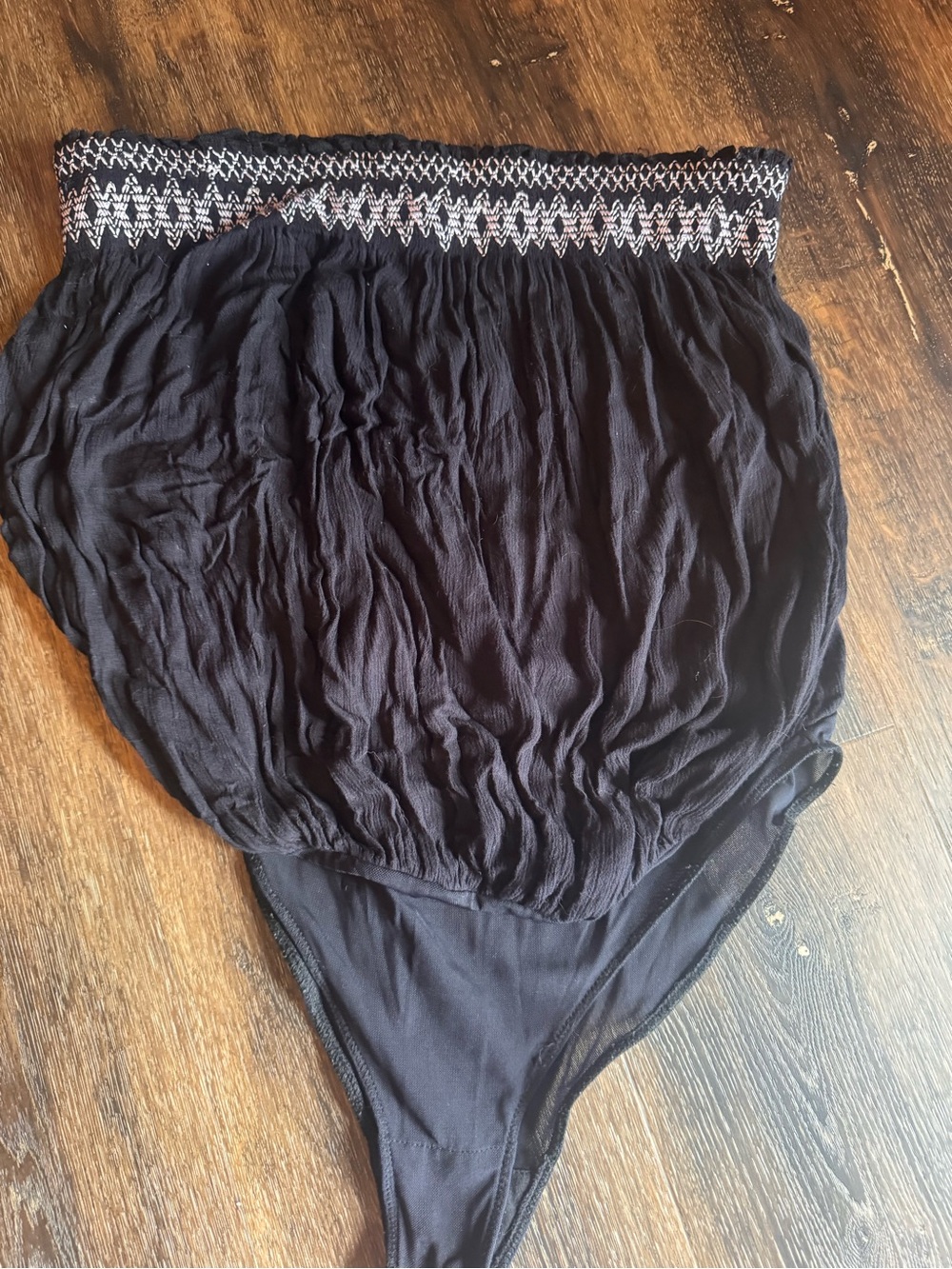Free People Black Smocked Waist Crinkle Bodysuit with White Stitching